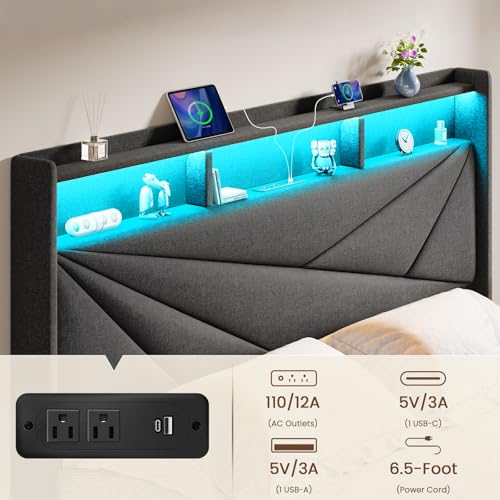 Driftalia King Size Bed Frame with 2-Tier Storage Headboard, Upholstered King Bed Frame with 2 Drawers, Charging Station and LED Lights, No Box Spring Needed, Easy Assembly - Dark Grey Driftalia