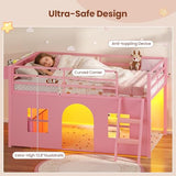 ADORNEVE Low Loft Bed Twin Size with Tent, 5 Storage Drawers, LED Lights, Metal Kids Loft Bed with Bookcase & Under-Bed Play Space,Twin Loft Beds with 13.8''H Safety Guardrail,Inclined Ladder, Pink ADORNEVE