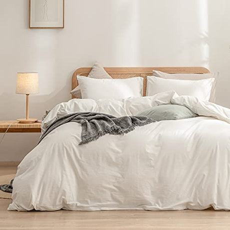 BESTOUCH Duvet Cover Set 100% Washed Cotton Linen Feel Super Soft Comfortable Chic Lightweight 3 PCs Home Bedding Set Solid Off White King BESTOUCH