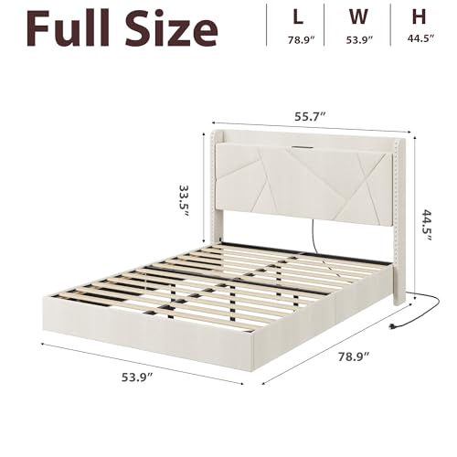 GarveeHome Full Floating Bed Frame with LED Lights & Charging Station, Upholstered Platform Beds with Storage Headboard & Folding Shelves Storage, Metal Slats Support, No Box Spring Needed, Beige GarveeHome