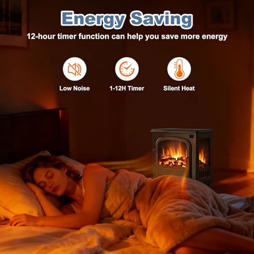 DUMOS Electric Fireplace Heater, 26” Freestanding Electric Fireplace Stove with 3D Flame Effect & Remote Control, Stylish Stove for Home with Safety Features, Adjustable Heat & 12H Timer, Charcoal DUMOS