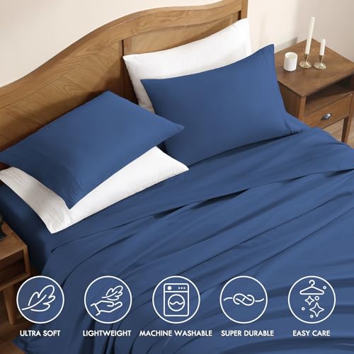 ClevaHome Sheet Set Twin Size, 3-Piece Bedding, Lightweight & Super Soft Easy Care Microfiber– Shrinkage & Fade Resistant Bedding Set with 14'' Deep Pockets (Navy Blue) Cleva