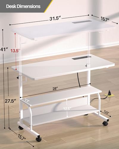 Armocity Height Adjustable Standing Desk with Power Outlets, 32" Manual Stand Up Desk with Storage Shelves Small Mobile Rolling Computer Desks Portable Laptop Table with Wheels for Home Office, White Armocity