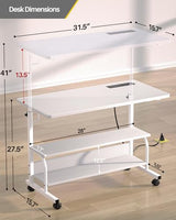 Armocity Height Adjustable Standing Desk with Power Outlets, 32" Manual Stand Up Desk with Storage Shelves Small Mobile Rolling Computer Desks Portable Laptop Table with Wheels for Home Office, White Armocity