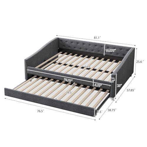 FAVSH Full Size Upholstered Daybed with Trundle,Tufted Sofa Bed w/Button on Back and Piping on Waved Shape Arms for Bedroom Guest Room, No Box Spring Needed,Dark Grey FAVSH