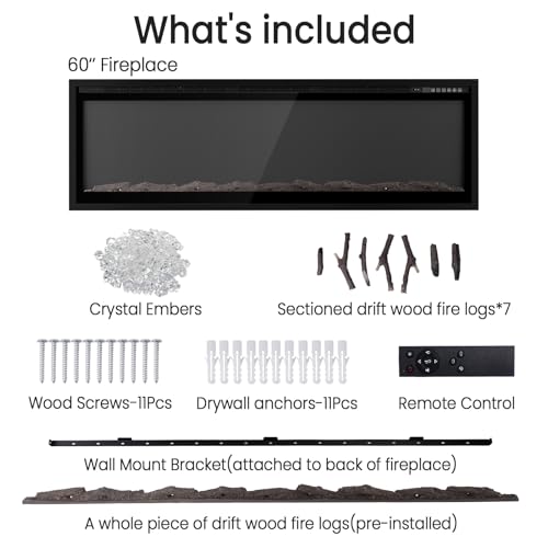 60” Smart Electric Fireplace with Voice Control, Realistic Flame, Crackling Sound, Wall Mounted or Recessed Fireplace Insert, App/Remote Control, Logs & Crystals Included for Living Room, Bedroom Rresyet