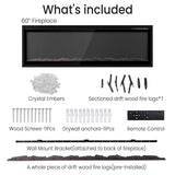 60” Smart Electric Fireplace with Voice Control, Realistic Flame, Crackling Sound, Wall Mounted or Recessed Fireplace Insert, App/Remote Control, Logs & Crystals Included for Living Room, Bedroom Rresyet