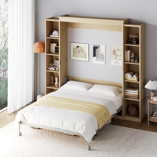 Rophefx Queen Murphy Bed Cabinet with 5-Tier Adjustable Storage Shelves, Wood Queen Wall Bed Cabinet Bed, Space Saving Beds, Hidden Bedframe, Foldable Platform Beds for Guest Room, Natural Wood Color Rophefx