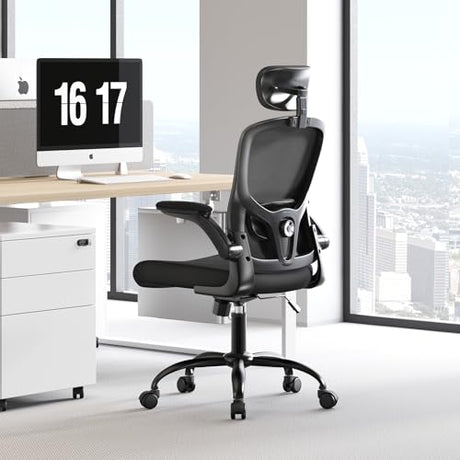 TLLMOON Ergonomic Office Chair - Adjustable Lumbar Support and Headrest, High Back Desk Chair with Flip-Up Arms for Home Office, 90-120° Tilt & Swivel Rolling Task Chair (Black) TLLMOON