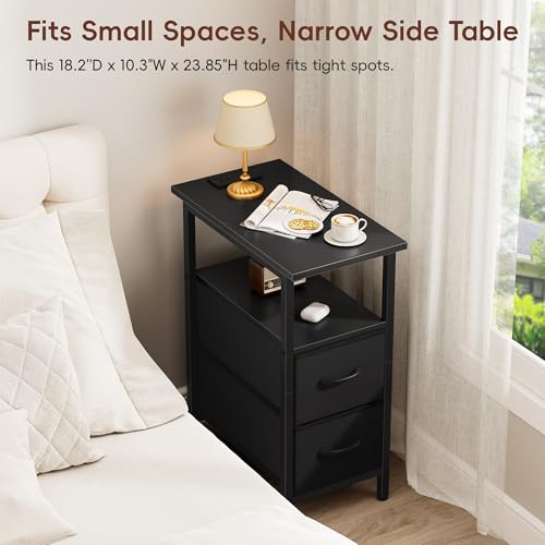 Vagusicc Set of 2 Black Nightstand with Charging Station and LED Lights, Narrow Side Table, LED Night Stand with 2 Fabric Drawers, Bedside Table Small End Table, Tall Nightstand for Bedroom, Black Vagusicc