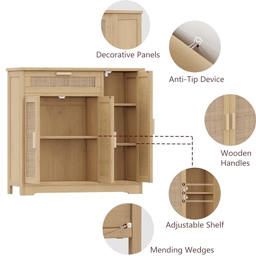 Keehusux Rattan Sideboard Buffet Cabinet, Floor Storage Cabinet with Drawer & 3 Doors, Freestanding Cabinet with Adjustable Shelf, Accent Cabinet for Kitchen, Living Room, Hallway, Natural KE - WoodArtSupply