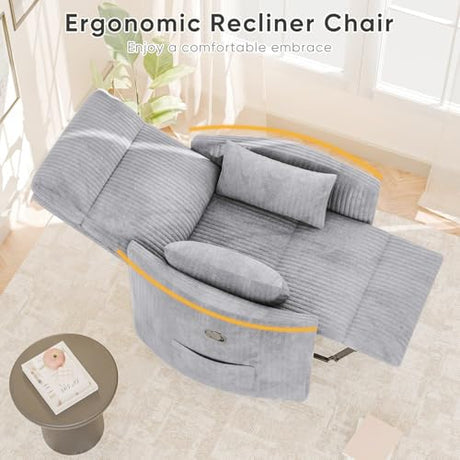 Flamaker Swivel Recliner Chair, Massage Nursery Rocking Chair with 2 Pillows, Comfy Single Sofa Glider Rocking Chair with Side Pockets for Living Room (Corduroy, Dark Grey) Flamaker