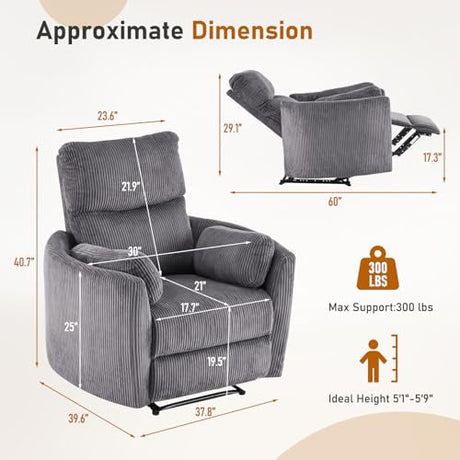 Furnimart Oversized Manual Recliner Chair for Adults, 30" Extra-Wide Corduroy Recliner with Chunky Cushion, High Back & Padded Armrests, Comfy Chair for Living Room, Bedroom, Home Heater(Gray) Furnimart
