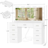 Quimoo Vanity Desk with Large Lighted Mirror and Power Outlet, 46" Makeup Vanity with 9 Drawers and Glass Desktop, Vanity Table with 12 LED Lights, 3 Lighting Color Adjustable (White) Quimoo