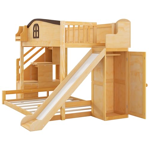 Merax Twin Over Full Bunk Bed with Slide and Staircase, Storage Shelf and Wardrobe, Kids Wood Loft Bunk Bed with House Design Safety Guardrail, Space Saving Kid Bunkbeds, Natural Merax