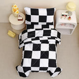 Caressma Checkered Toddler Bedding Set, Classic Black and White Plaid Bed Set, Fluffy Grid Buffalo Plaid 4 Pieces Kids Comforter Bed Set with Comforter, Fitted Sheet, Flat Sheet, Pillowsham Caressma