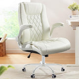 Marsail Executive Office Chair with Flip-up Armrests,PU Leather Ergonomic Desk Chair Height-Adjustable Swivel Rolling Desk Chair (White) Marsail