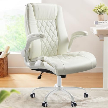 Marsail Executive Office Chair with Flip-up Armrests,PU Leather Ergonomic Desk Chair Height-Adjustable Swivel Rolling Desk Chair (White) Marsail