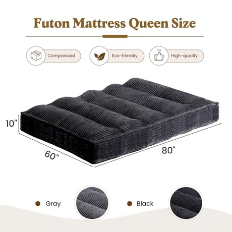 NLDD 10" Futon Mattress Queen Size, Ultra Thick Futons Sofa Couch Bed Sleeper Sofa Bed, Versatile Floor Futons Japanese Floor Mattress for Adults, Black (Frame Not Included) NLDD