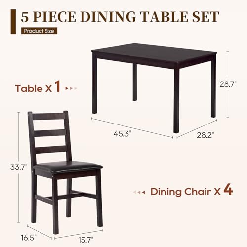 FDW | 5-Piece Solid Wood Dining Table Set for 4 | Brown | Space-Saving Design | Smooth Easy-to-Clean Surface | Pine Kitchen Table with Upholstered Chairs | for Dining Room, Apartment, Restaurant FDW