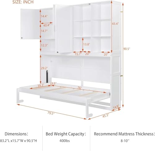 MERITLINE Twin Horizontal Murphy Bed with Storage Cabinet, LED Light and Charging Station,Wood Folding Murphy Wall Bed Cabinet with Bookcase and Shelves for Adult (White) MERITLINE