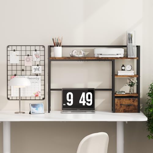 Marbrasse Desk Shelf with Drawer, 40" Desk Hutch for Computer Monitor, Wooden Desktop Bookshelf Storage Rack for Home Office Dorm - Dark Brown Marbrasse