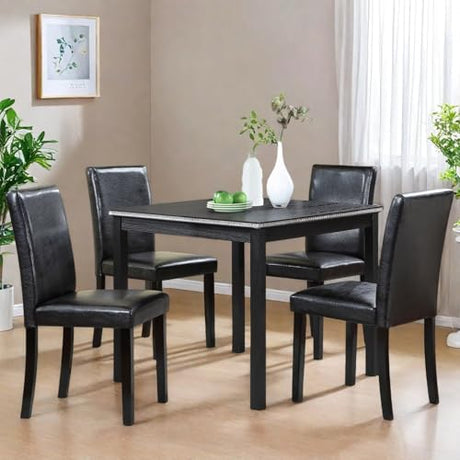 Trygoal Dining Table Set for 4, 5-Piece Dining Room Table Set with Square Crystal Decoration Table & 4 Upholstered Backrest Chairs, Counter Height Kitchen Sets with Faux Wood Grain Design, Black Trygoal