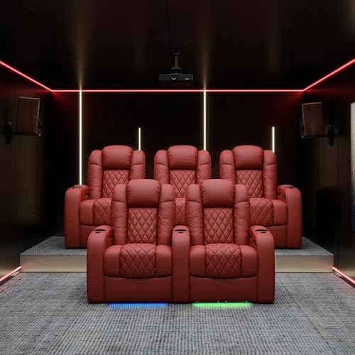 Weilianda Home Theater Seating Top Grain Leather Zero Gravity Recliner Chair Power Headrest Recline Movie Seat Gaming 7 Colors Mood Light Sofa with Tray Table USB Charge Row of 1 Red Weilianda