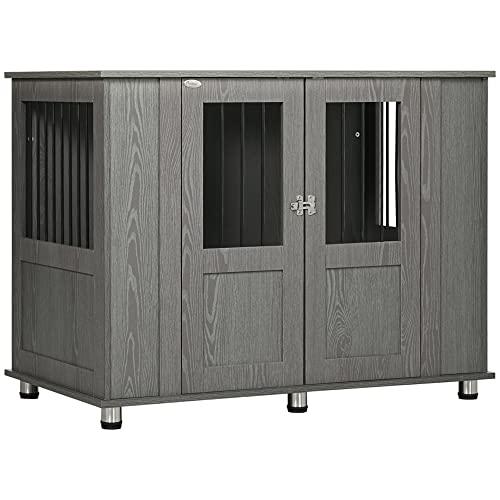 PawHut Dog Crate Furniture, Wooden End Table Furniture with Lockable Magnetic Doors, Extra Large Size Pet Kennel Indoor Animal Cage, Gray - WoodArtSupply