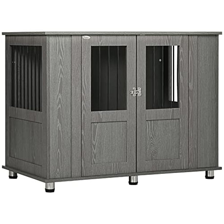 PawHut Dog Crate Furniture, Wooden End Table Furniture with Lockable Magnetic Doors, Extra Large Size Pet Kennel Indoor Animal Cage, Gray PawHut