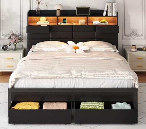 Etditrnp Full Bed Frame with Storage Headboard, Upholstered Black Bed Frame with 4 Drawers, LED Lights, and Charging Station, Heavy-Duty Metal Slats Support, Noise-Free Etditrnp