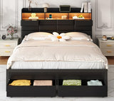 Etditrnp Full Bed Frame with Storage Headboard, Upholstered Black Bed Frame with 4 Drawers, LED Lights, and Charging Station, Heavy-Duty Metal Slats Support, Noise-Free Etditrnp