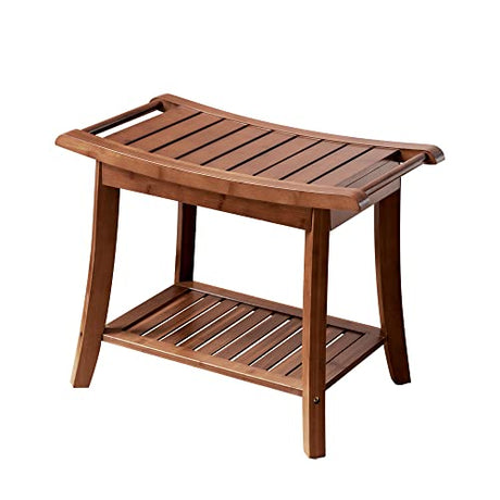 Forevich Bamboo Shower Bench Stool with Storage Shelf Waterproof Shower Chair Spa Bath Seat Excellent for Indoor Use Chestnut Brown Forevich