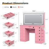 Furnivado Vanity Mirror with Lights, Vanity with Lighted Mirror, 11 Drawers Makeup Vanity Desk with 3 Lighting Modes Adjustable Brightness, Pink Vanity with Glass Top for Bedroom Furnivado