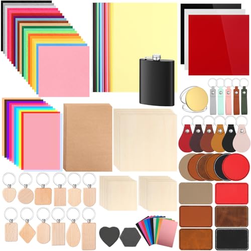 Tondiamo 137 Pcs Laser Material Explore Kit Laser Cutting Materials Engraving Material Accessories Including Acrylic, Wood, Metal, PU Leather, Fabric, Rock, Rubber Materials for Laser Cutter Engraver Tondiamo