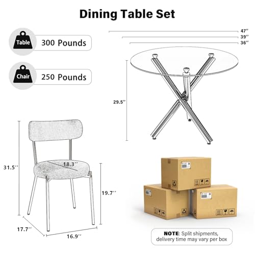 HAIZAO Gold Round Glass Dining Table Set for 4, 36'' Small Modern Kitchen Table Set with 4 White Gold Boucle Upholstered Dining Chairs, 5 Piece Luxury Dining Room Set, Easy Assemble HAIZAO
