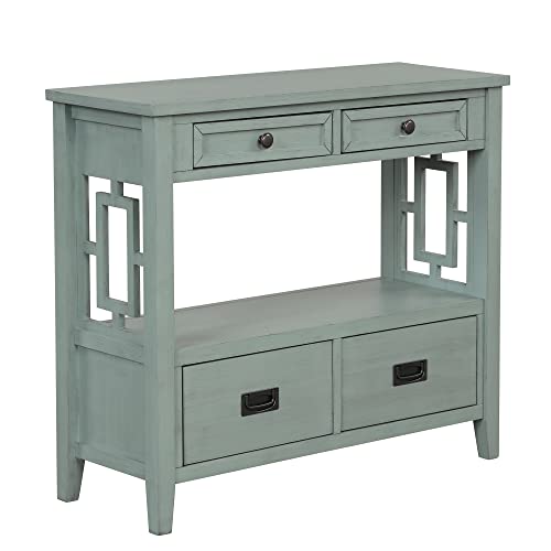 Knocbel Farmhouse Entry Console Table with 2 Storage Drawers 2 Cabinets and Open Shelf, Entryway Hallway Living Room Kitchen Sofa Table, 36.02" W x 12.99" D x 31.5" H, Retro Blue Knocbel