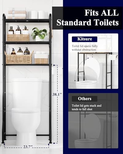 Kitsure Over Toilet Storage Rack - Metal Over Toilet Bathroom Organizer Shelf, Over the Toilet Storage Cabinet with Paper Holder and Hooks, Bathroom Cabinet for Laundry, Black, 3 Tiers (63.2" H) Kitsure