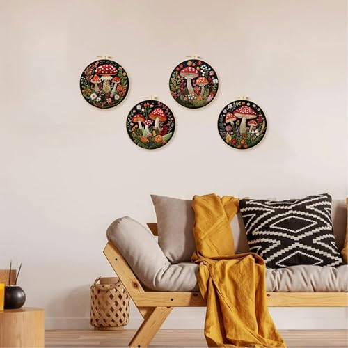 SCECALA 4 Pack Mushroom Embroidery Kit - Botanical Flower Floral Hand Embroidery Kit for Beginners with Pattern, Complete Cross Stitch Supplies DIY Craft for Adults Sewing Hobby, 1pc Hoops