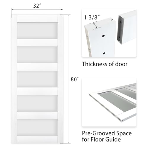 BARNSMITH 32in x 80in Glass Barn Door Slab,5-Panel Frosted Glass Solid Wood Slab with Water-Proof PVC Surface,No Pre-drilled Holes,Door Panel Only,White BARNSMITH