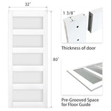 BARNSMITH 32in x 80in Glass Barn Door Slab,5-Panel Frosted Glass Solid Wood Slab with Water-Proof PVC Surface,No Pre-drilled Holes,Door Panel Only,White BARNSMITH