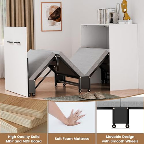 NAIZEA Murphy Bed w/Mattress, Foldable Murphy Bed Cabinet, 75" x 29" Cot Size Fold Out Beds for Guest Bedroom, Living Room, Office, Easy Pull Out and Folding NAIZEA