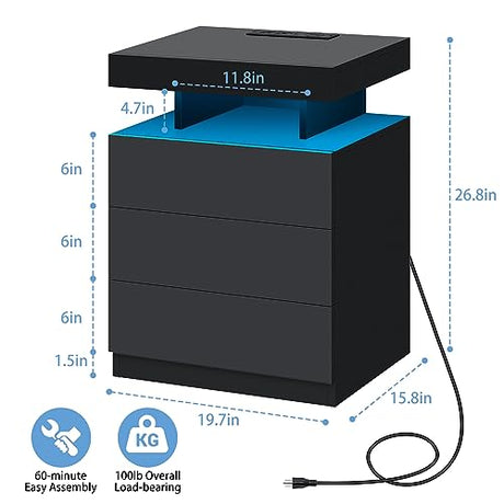 HOMMPA LED Nightstand with Wireless Charging Station 2 Outlets USB Port Type C Black Bedside Table with 3 Drawers Modern Smart LED Nightstand Tall 26.8in High Gloss Night Table with Light for Bedroom HOMMPA