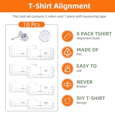 10 PCS T-Shirt Ruler Guide - Tshirt Measurement Tools for Children Youth Adult, V-Neck/Round PVC Rule Rulers Designs Heat Press Accessories for Vinyl Alignment, Heat Press MFJUNS