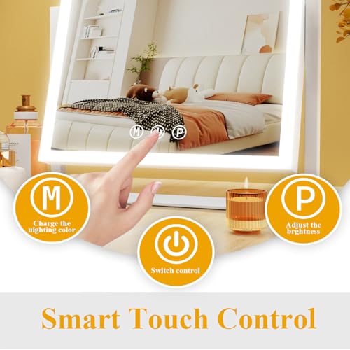 Gvnkvn Lighted Makeup Mirror, 17.3"x13" Hollywood Vanity Mirror with Led Lights, Three Color Lighting Modes, and 10X Magnification Mirror, Smart Touch Control, 360°Rotation (White, Gift Box) Gvnkvn