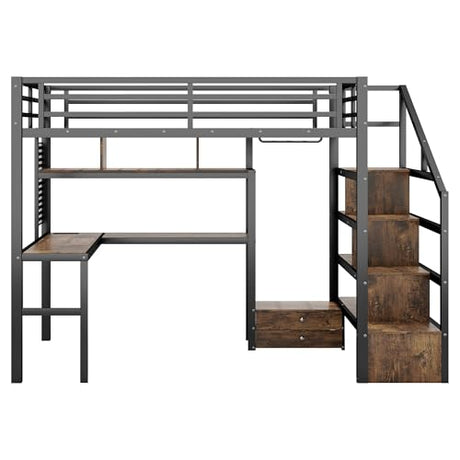 Full size Loft Bed with LED Light and Stairs, Metal Loft Bed Frame with Desk, Storage Drawers & Shelves, Hanging Rod, Gaming Lofts Beds with Charging Station for Adults Teens Kids Gamer, Black Mirightone