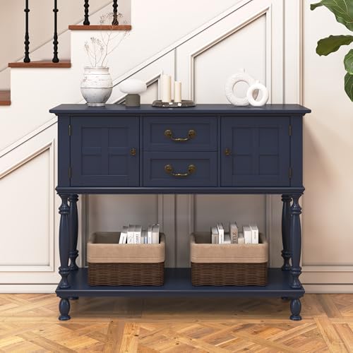 ZOSQUARE Farmhouse Console Table with 2 Drawers and 2 Cabinets, Sofa Table with Open Storage Shelf, Vintage Entryway Table for Entryway, Living Room, Hallway, Foyer ZOSQUARE