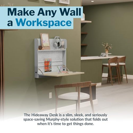 Vari Hide-Away Wall Mounted Floating Desk - 32” Foldable Murphy-Style Desk for Bedroom, Dorm, Apartment + Cable Ports, Bungee Storage, Shelf, 100 Lb Capacity + Simple Assembly (Dove Grey/Light Wood) Vari