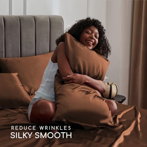MR&HM Satin Bed Sheets, King Size Sheets Set, 4 Pcs Silky Bedding Set with 15 Inches Deep Pocket for Mattress (King, Brown) MR&HM