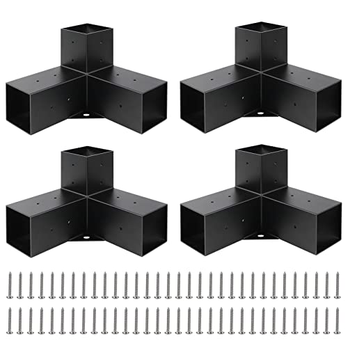 4x4(Actual: 3.5x3.5 Inch) 3-Way Pergolas Corner Extension Brackets, Aluminum Pergola Bracket with Black Powder Coated(4 Packs) - WoodArtSupply